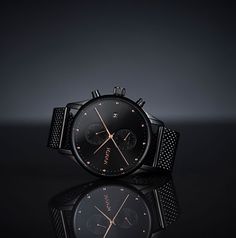 . Watch Photography Ideas, Photography Black Background, Watch Photography, Adventure Watches, Mvmt Watches, Photography Creative, Watch Companies, Stainless Steel Mesh, Gold Hands