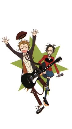 two cartoon characters are playing guitar and jumping up in the air with their arms outstretched