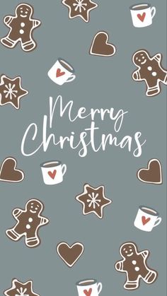 merry christmas card with ginger cookies and coffee mugs on grey background - greeting cards