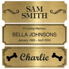 two gold metal name tags with dog bones on them