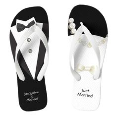 wedding flip flops with tuxedo and bow tie for the groom to wear