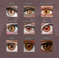 an image of different colored eyes with the words, light, honey, margold,