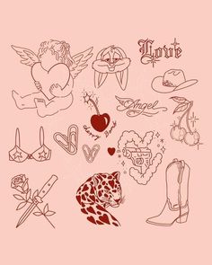 an image of some tattoos on a pink background with the word love written in it