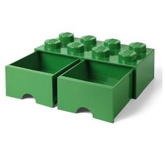 three green lego storage containers with one open and the other closed