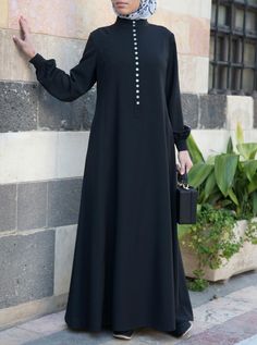 Pearl Buttoned Abaya Gown - Abaya Gowns - Women Formal Long Sleeve Maxi Dress With Buttons, Elegant Long Sleeve Maxi Dress With Button Closure, Elegant Long Abaya For Formal Occasions, Elegant Long Formal Abaya, Elegant Long Thobe For Formal Occasions, Elegant Long Thobe For Formal Events, Elegant Long Maxi Dress With Button Closure, Elegant Long Formal Thobe, Elegant Long Abaya With Button Closure