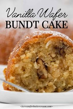 a close up of a bundt cake on a plate with a fork in it