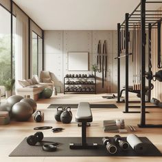 there are many exercise equipment in this room