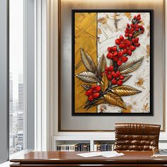 a painting with red flowers on it in a room