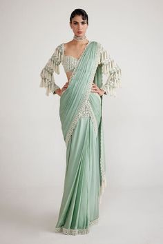 Buy Green Blouse - Georgette Hand Embroidered Pre-draped Saree With For Women by Vvani by Vani Vats Online at Aza Fashions. Ready Saree, Cinderella Fashion, Pre Draped Saree, Ready Made Saree, Saree Satin, Bhumika Sharma, Skirt Saree, Green Chandelier, Green Chandeliers