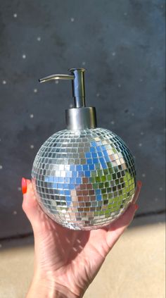 Shiny reflection shimmer disco ball mirror tiles soap dispenser diy craft nature nail art Disco Ball Soap Dispenser, Disco Toilet Design, Bathroom Disco Ball, Disco Themed Bathroom, Disco Bathroom Aesthetic, Aesthetic Soap Dispenser, Disco Ball Bathroom, Disco Bathroom Decor, Mirror Tiles Ideas