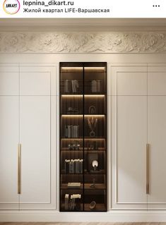 an empty room with some books on the shelves and other items in the cupboards