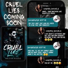 an advertisement for cruel lies coming soon with text messages from hella rose and the devil