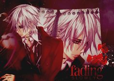 two anime characters standing next to each other in front of a large poster with the words fading slowly on it