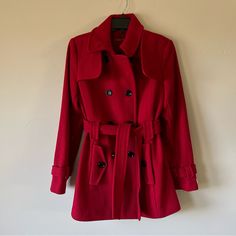 Calvin Klein Double Breasted Belted Coat In Red, Size Xs. New Without Tags And Never Worn! Pockets, Black Buttons, Wool Blend, Extra Buttons, Back Vent Is Still Sewn Together Elegant Fitted Red Pea Coat, Red Fitted Double-breasted Pea Coat, Red Pea Coat For Work, Red Fitted Pea Coat For Fall, Fitted Red Pea Coat For Fall, Calvin Klein Red, Belted Coat, Double Breasted Coat, Black Button