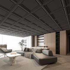 a living room with couches, chairs and tables in the middle of an open floor plan