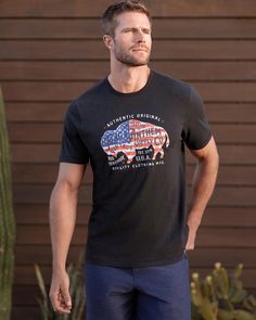 BUFFALO FLAG SLUB TEE – Flag & Anthem Cotton Graphic Tee With Flag Print, Casual T-shirt With Flag Print And Relaxed Fit, Affordable Crew Neck T-shirt With Flag Print, Casual Black T-shirt With American Flag Print, American Flag Graphic Cotton T-shirt, Casual Everyday, Getting Old, Black Tee, Everyday Look