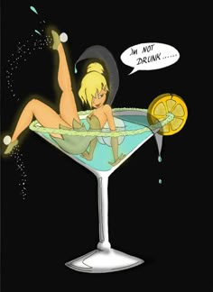 a woman sitting in a martini glass with an orange slice on the rim that says, i'm not drunk