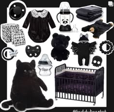 a black and white baby's nursery theme with teddy bear, crib, pacifier, diaper, blanket, hat, bib