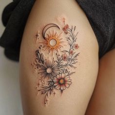 Flower Tattoos For Women Tattoo Artistic Design Compass Tattoo Design Woman, Unique Forearm Tattoos For Women, Colored Tattoos For Women, Whimsical Tattoos For Women, Sun And Flower Tattoo, Color Tattoos For Women, Unique Floral Tattoo, Unique Flower Tattoos, For Women Tattoo Design