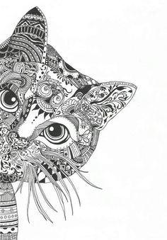 a black and white drawing of a cat with intricate designs on it's face