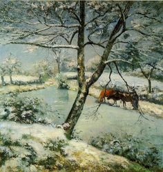 a painting of horses grazing in the snow