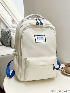 BagForLove - Preppy Medium Classic Backpack with Letter Patch Decoration Casual Cream Backpack For School, Medium Backpack, Word Wrap, Classic Backpack, Bags Backpacks, Classic Design, 4 Inch, Bag Lady, Backpacks