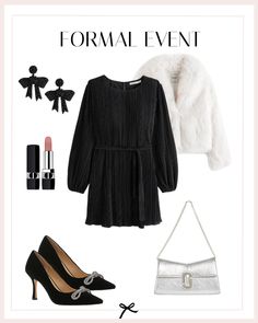 Dazzle at winter formal events with an elegant look that exudes timeless sophistication. Opt for a black satin long-sleeve mini dress and wrap yourself in a luxurious white faux fur coat for a touch of winter glamour. Elevate the look with classic black bow heels that add a hint of playfulness to the overall elegance. Carry your essentials in a silver metallic shoulder bag, adding a touch of shimmer. Complete the outfit with black bow earrings and a swipe of lipstick to tie the look together. Formal Christmas Party Outfit, Black Bow Heels, Formal Christmas Party, Winter Glamour, White Faux Fur Coat, Winter Formal Dresses