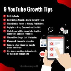 a hand holding a smart phone with the text 9 youtube growth tips