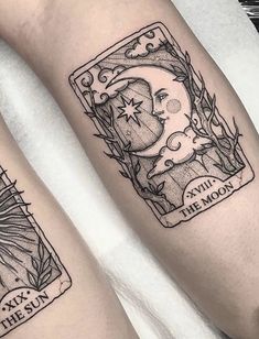 two tattoos on the legs of people with moon and sun in them, one is black and white