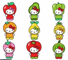 hello kitty and strawberrys with different outfits on them, all in the same color