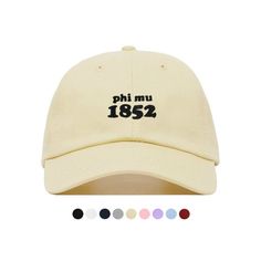 This phi mu baseball hat is made for you. Customize your dad cap by choosing from a variety of colors. It's fully adjustable and easy to style!                     We are an official greek licensed vendor.H O W T O O R D E R---------------------------• Use the first drop-down menu to select your hat color• Use the second drop-down menu to select your thread colorNOTE: This is referring to the embroidered design on the hat, not the stitching of the hat itself.***If you have a request for a design Collegiate Baseball Cap With Letter Print And Curved Brim, College Baseball Cap With Letter Print And Curved Brim, Adjustable Letter Print Baseball Cap For College, College Baseball Cap With Curved Brim And Letter Print, College Dad Hat With Letter Print, Adjustable Curved Brim Dad Hat For College, Adjustable Baseball Cap For College, Adjustable Hats With Letter Print For Graduation, Adjustable Dad Hat For College