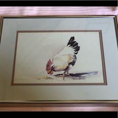 a painting of a rooster eating something off the ground