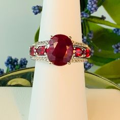 Faceted African Ruby Ovals (6.61 Cts ) And Faceted Cambodian Zircon ( 0.25 Cts) Platinum Over 925 Sterling Silver Ring. Tgw 6.86 Cts. Nwot. At It’s Widest Point It Measures A “Smiggen” Over 3/8”. Only Reasonable Offers Are Considered And Are Encouraged Zircon Ring, Womens Jewelry Rings, 925 Sterling Silver Ring, Sterling Silver Ring, Lady In Red, Silver Ring, Red White, Red And White, Platinum