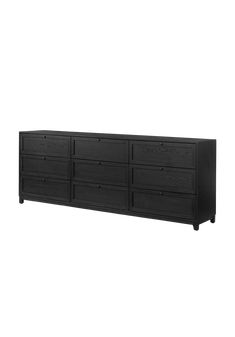 a black dresser with six drawers on one side and two doors at the other end