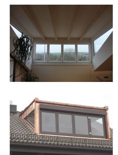 before and after shots of a roof with an open window on the top right side