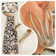 a hand holding a silver rabbit shaped object with flowers on it's head and an image of a cat in the background