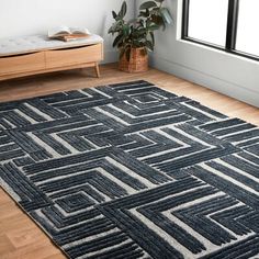 a black and white area rug in front of a window with a potted plant