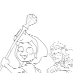 a drawing of a girl holding a baseball bat next to a man with a hat on