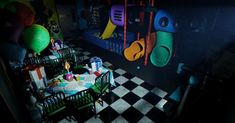 a child's playroom with black and white checkered flooring, green chairs, and toys