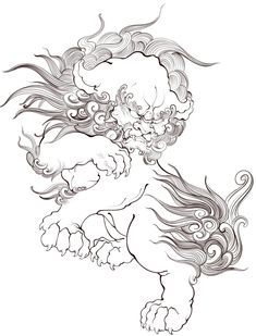 a black and white drawing of a lion with long manes on its back, running