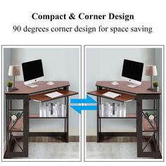 the computer desk has two different angles to show it's size and widths