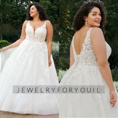 a woman in a white wedding dress with an open back and lace detailing on the skirt