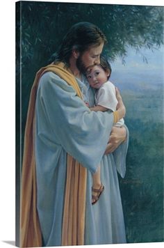 a painting of jesus holding a child with the words, if you abides in me and