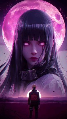 a woman with long black hair standing in front of a full moon and pink sky