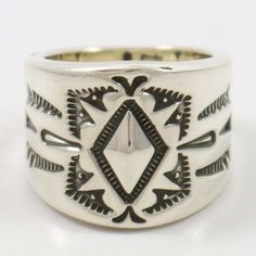 Sterling Silver Ring with Hand-Stamped Designs. Ring Size: 8.25.25” - .75” Band Width Zuni Jewelry, Navajo Rugs, Concho Belt, Navajo Jewelry, Native Jewelry, Pendant Rings, Black Stone, Sterling Silver Ring, Hand Stamped