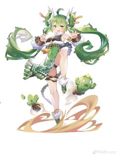 an anime character with green hair and white dress