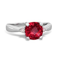 This ring features a 1.00 carat cushion cut lab ruby. On either side of the 14K White Gold setting, are two sparkling diamonds, and the band features a lovely rope design on the edges. Luxury Classic Lab-created Ruby Ring, Luxury Classic Lab-created Ruby Jewelry, Luxury White Gold Jewelry With Lab-created Ruby, Luxury White Gold Ring With Lab-created Ruby, White Gold Ruby Ring With Lab-created Gemstone, Elegant Cushion Cut Lab-created Ruby Jewelry, Luxury Lab-created Ruby Jewelry In Cushion Cut, Silver Ruby Ring With Lab-created Ruby, Clean Origin