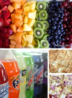 several different types of fruit and beverages are shown in this collage with the same image