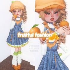 the girl is holding an orange in her hand and wearing a hat with fruit on it