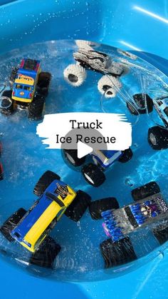 there are many toy trucks in the water and one has a caption that says truck ice rescue